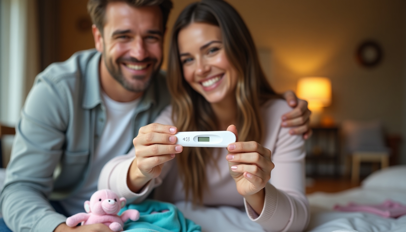 A couple joyfully holding a positive pregnancy test after successful fertility treatment.