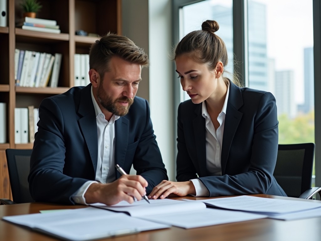 Close-up of a lawyer or legal consultant discussing paperwork with a client regarding sperm banking.