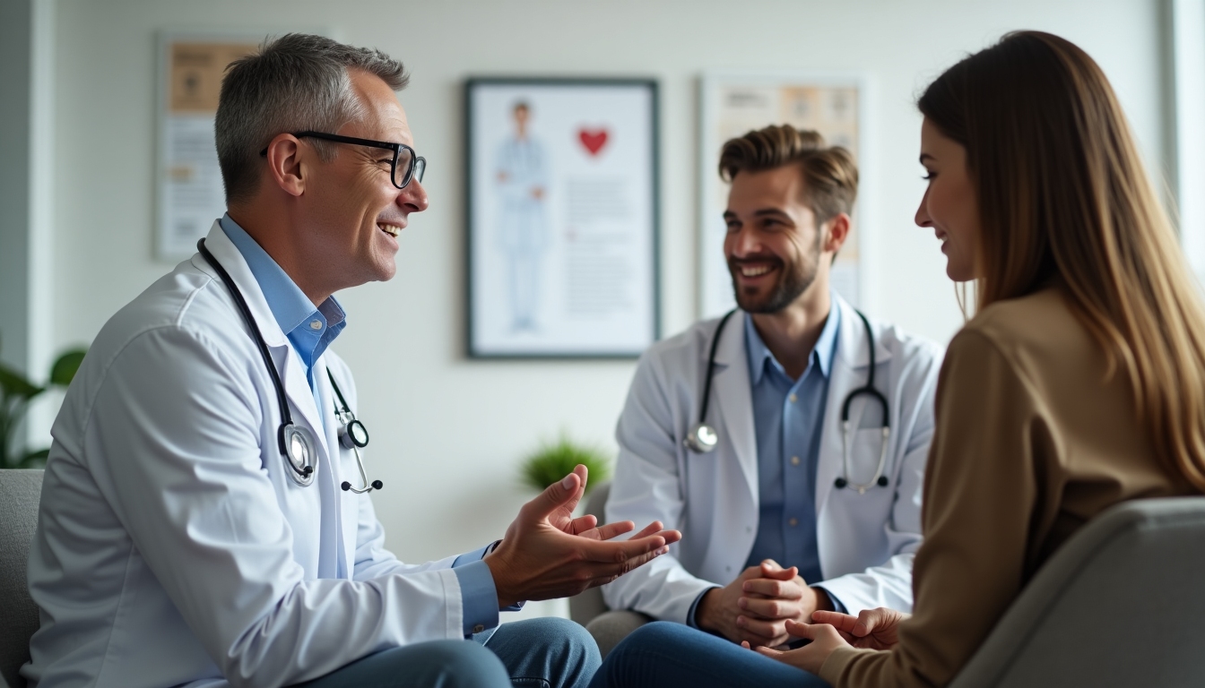 A couple discussing options with a doctor in a consultation room.