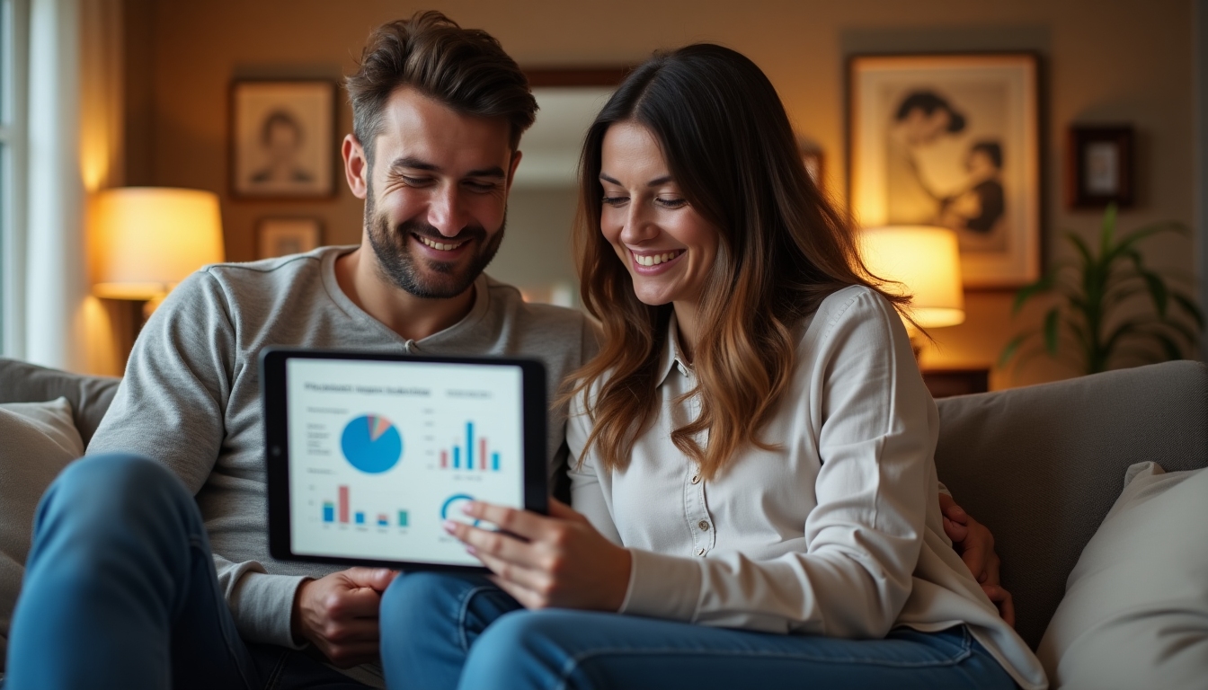 A financial planning session with a couple reviewing fertility testing costs on a tablet.