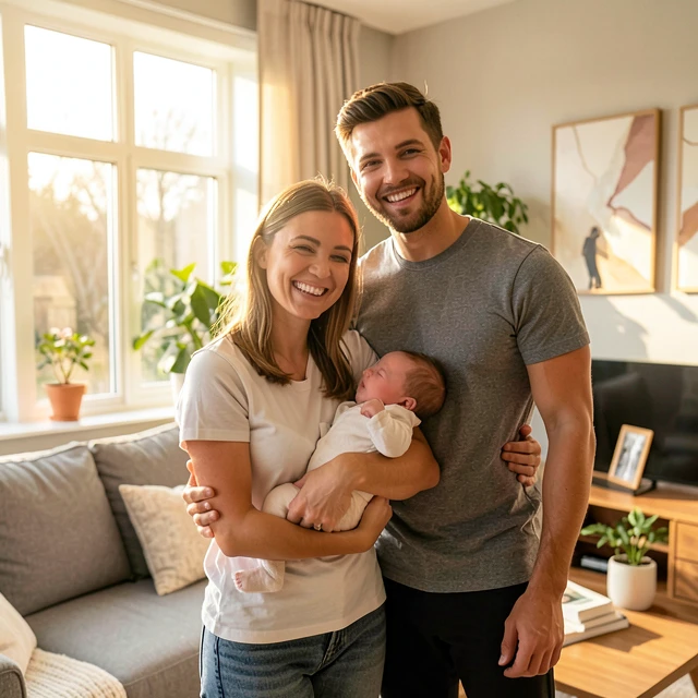 Joyful cancer survivor family with their baby after successful fertility preservation