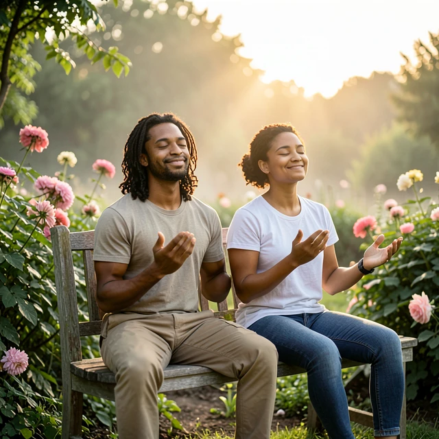 Couple practicing mindfulness breathing to reduce stress and support fertility