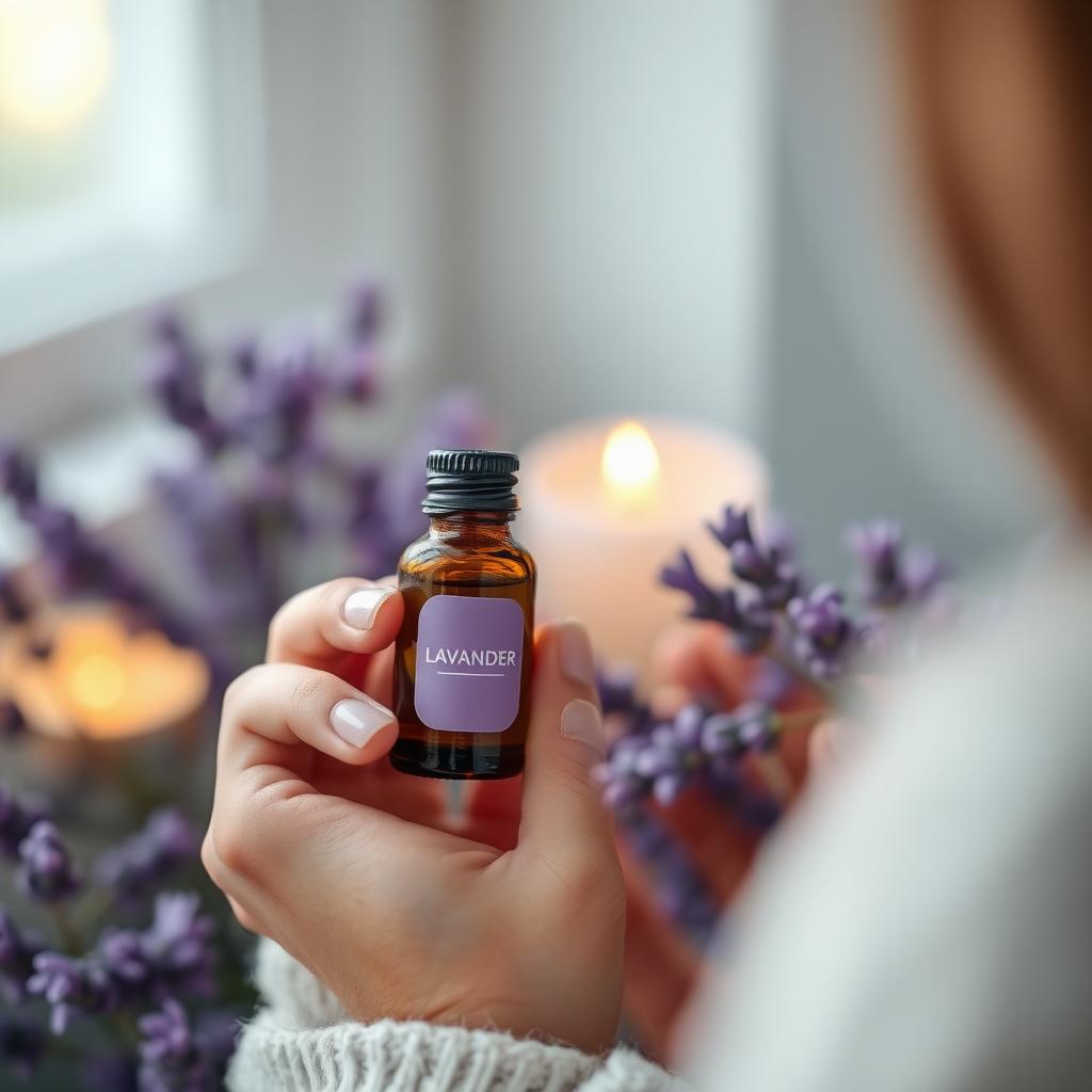 Woman’s hands holding a bottle of lavender essential oil with fresh lavender flowers and a candle in the background.