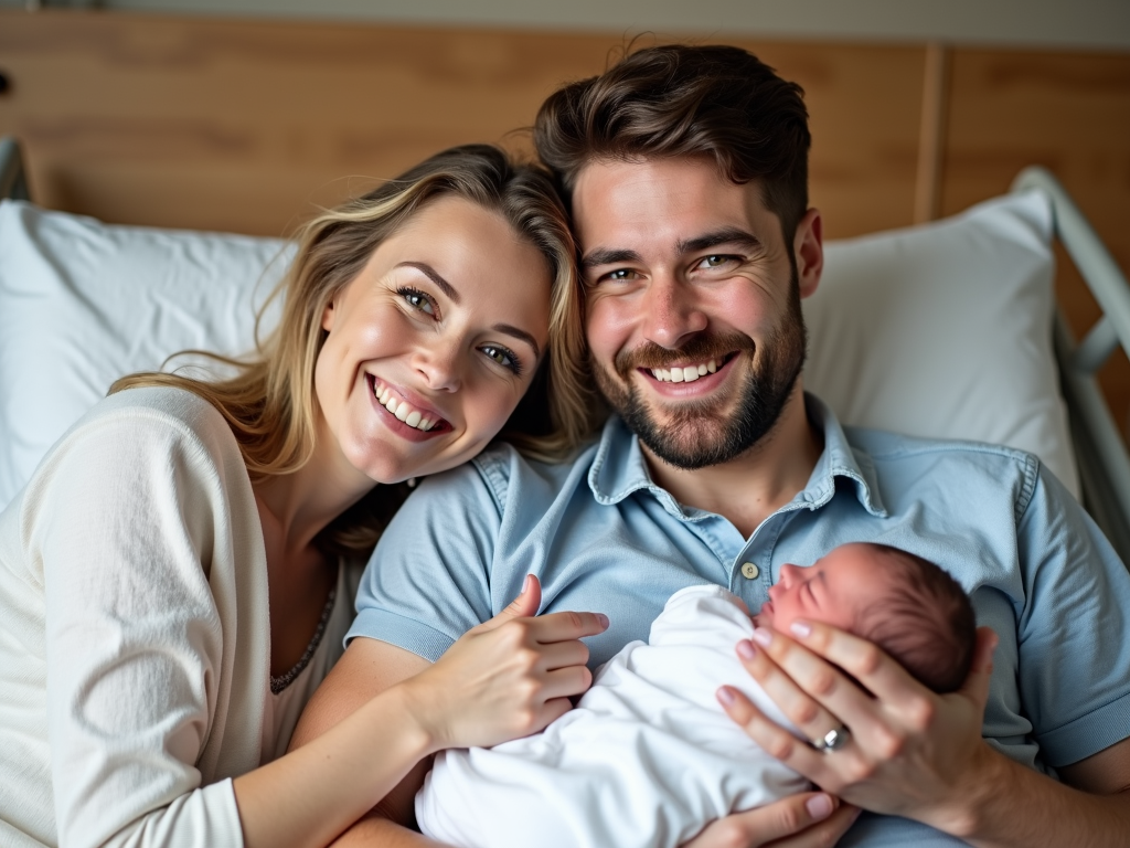 Same-sex couple with their newborn and surrogate mother