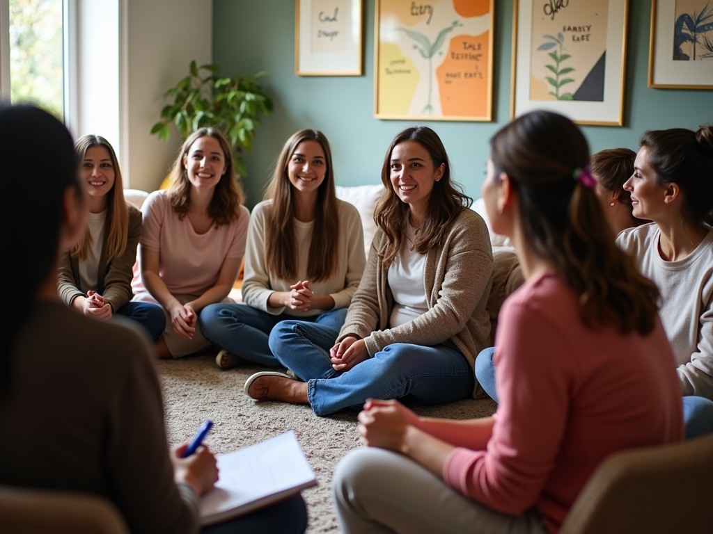 Support group meeting focusing on infertility support, showing diverse individuals in discussion.