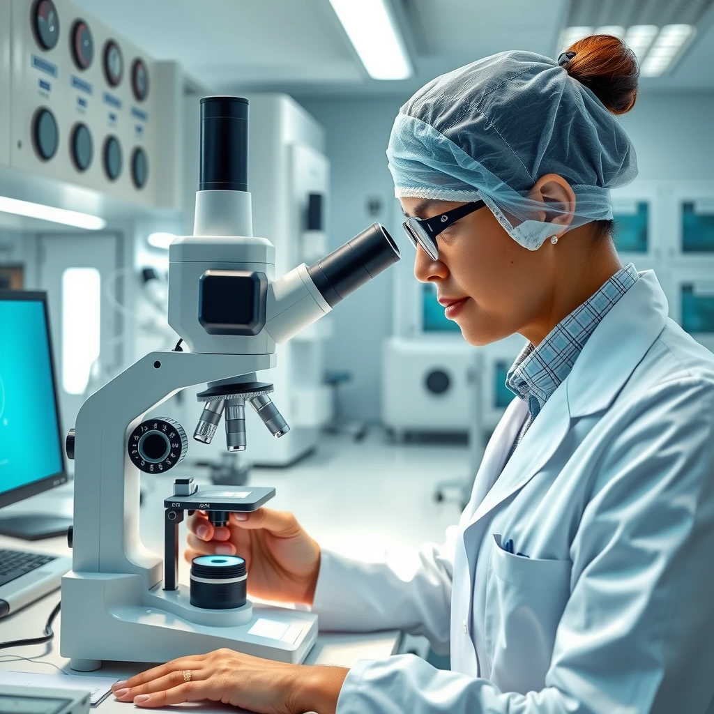 Technician performing sperm analysis in a fertility lab