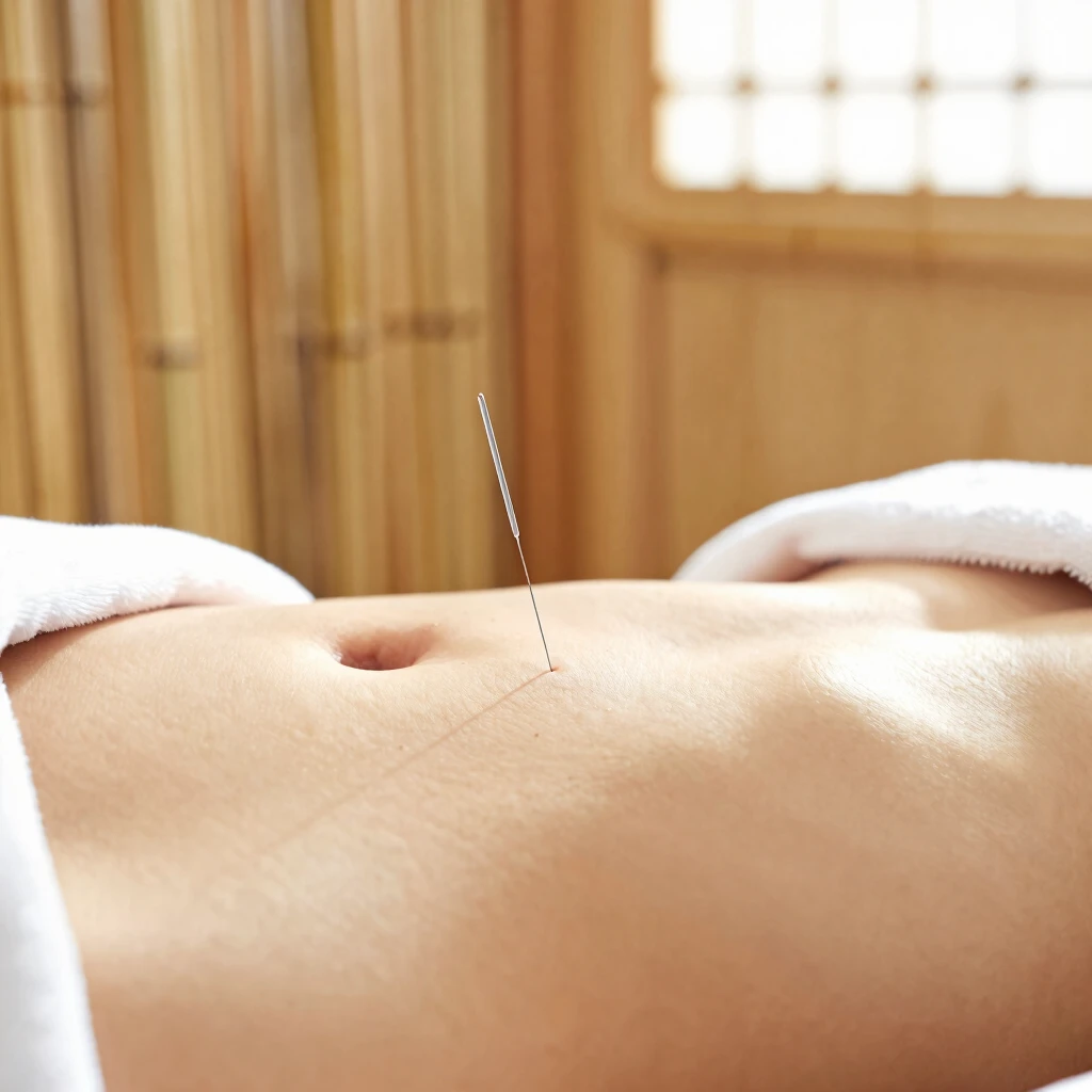 Acupuncture needles placed on abdomen for fertility enhancement