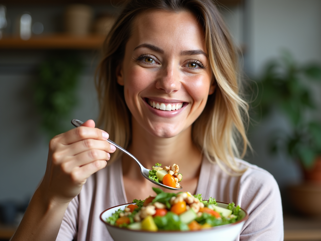 A woman enjoying a fertility-boosting salad.