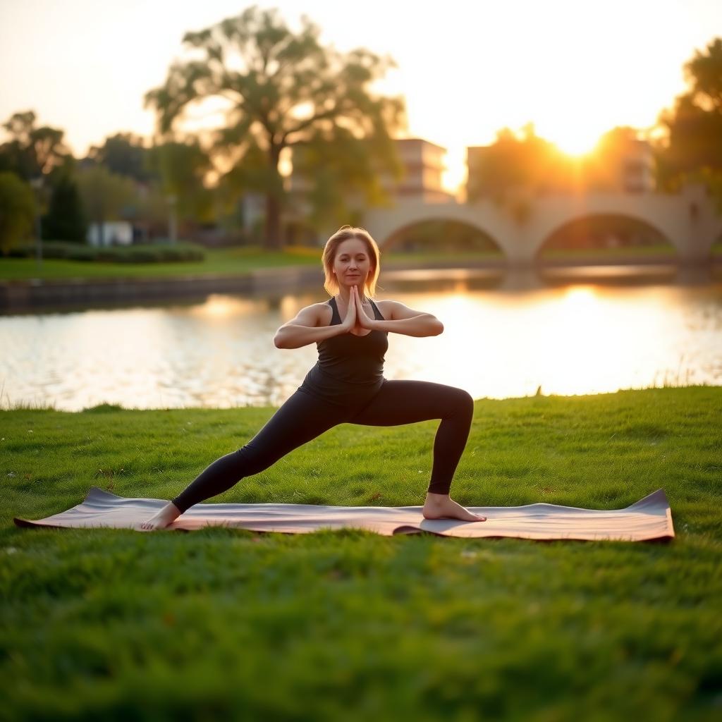 A person practicing yoga in a peaceful park at sunrise, with a calm lake and golden sky in the background.