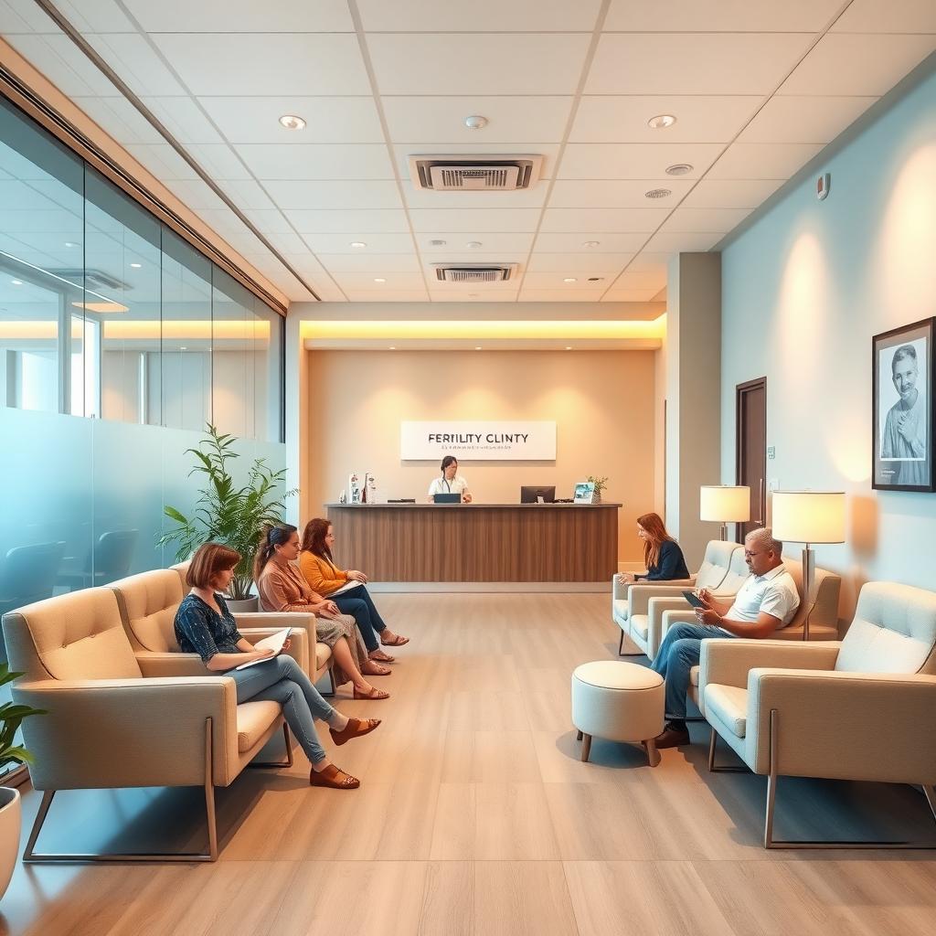 Modern fertility clinic waiting room with comfortable seating and warm lighting