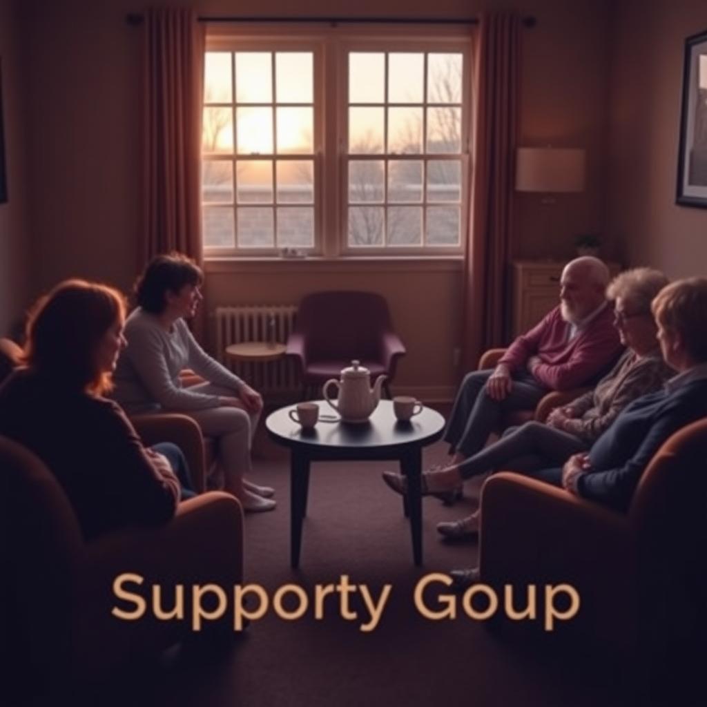A cozy support group room with chairs, a teapot, and tissues, lit by a warm sunset.