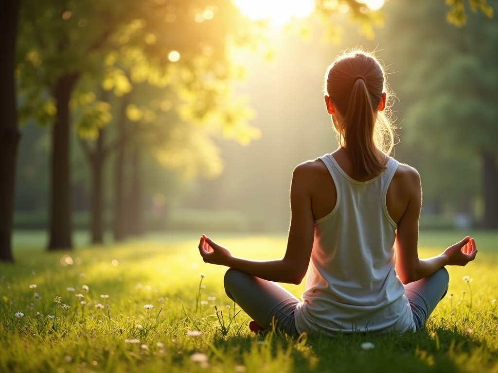 Person meditating in a peaceful natural setting