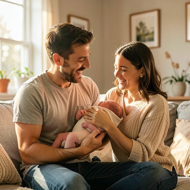 Happy family with father and newborn baby celebrating successful fertility journey