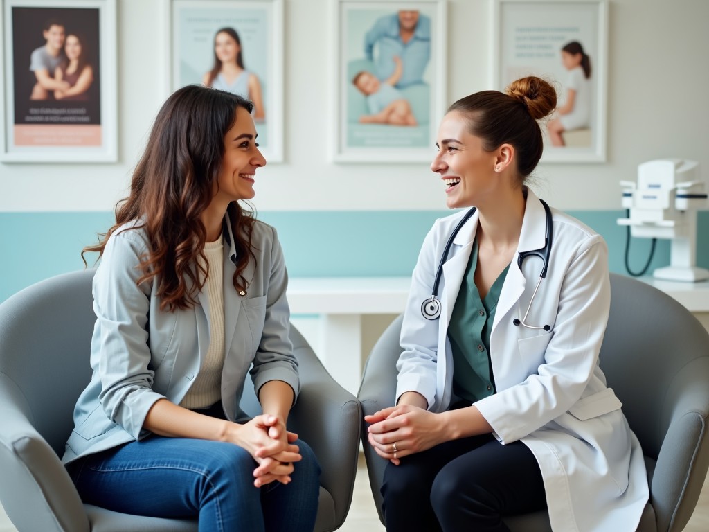 A doctor and patient discussing treatment options in a vibrant, welcoming clinic environment.