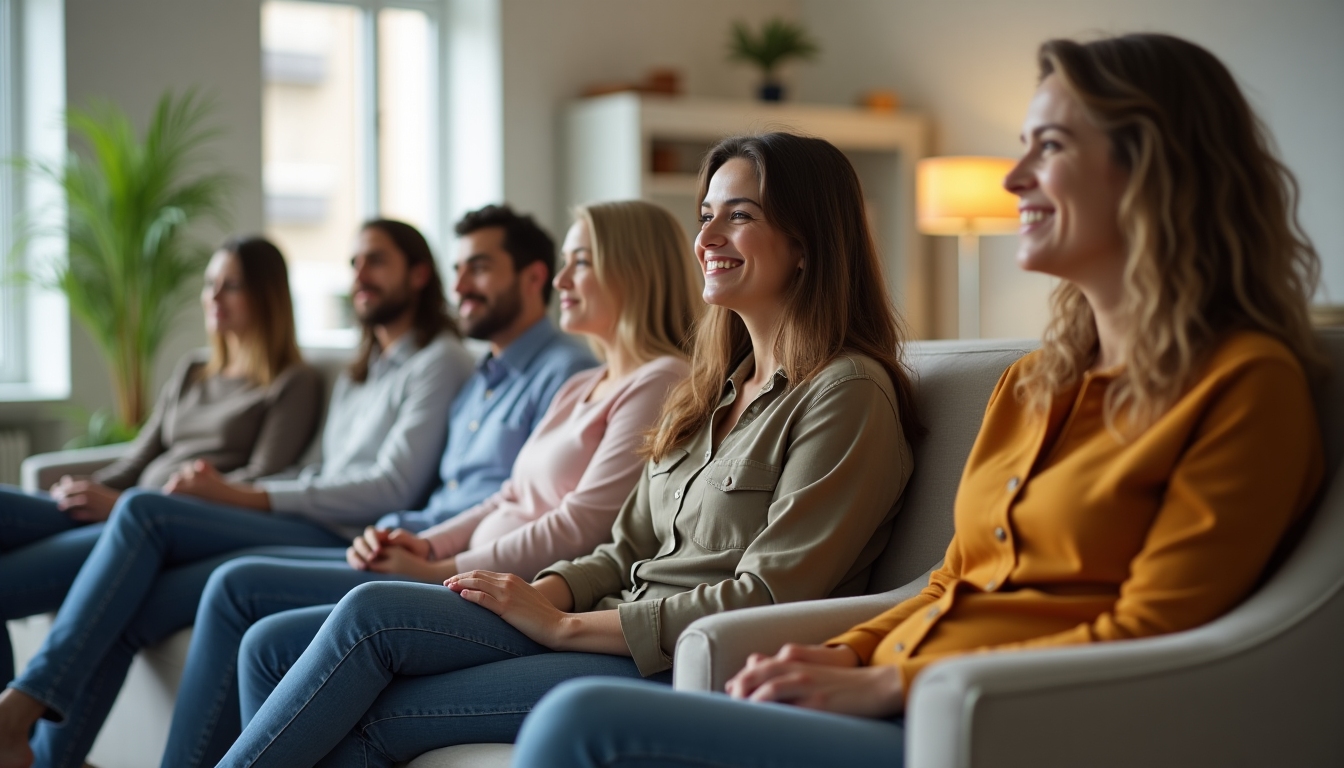 A group of diverse individuals, including LGBTQ+ people, wait in a fertility clinic, discussing their options for fertility preservation.