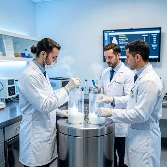 Modern sperm banking lab with scientists at work