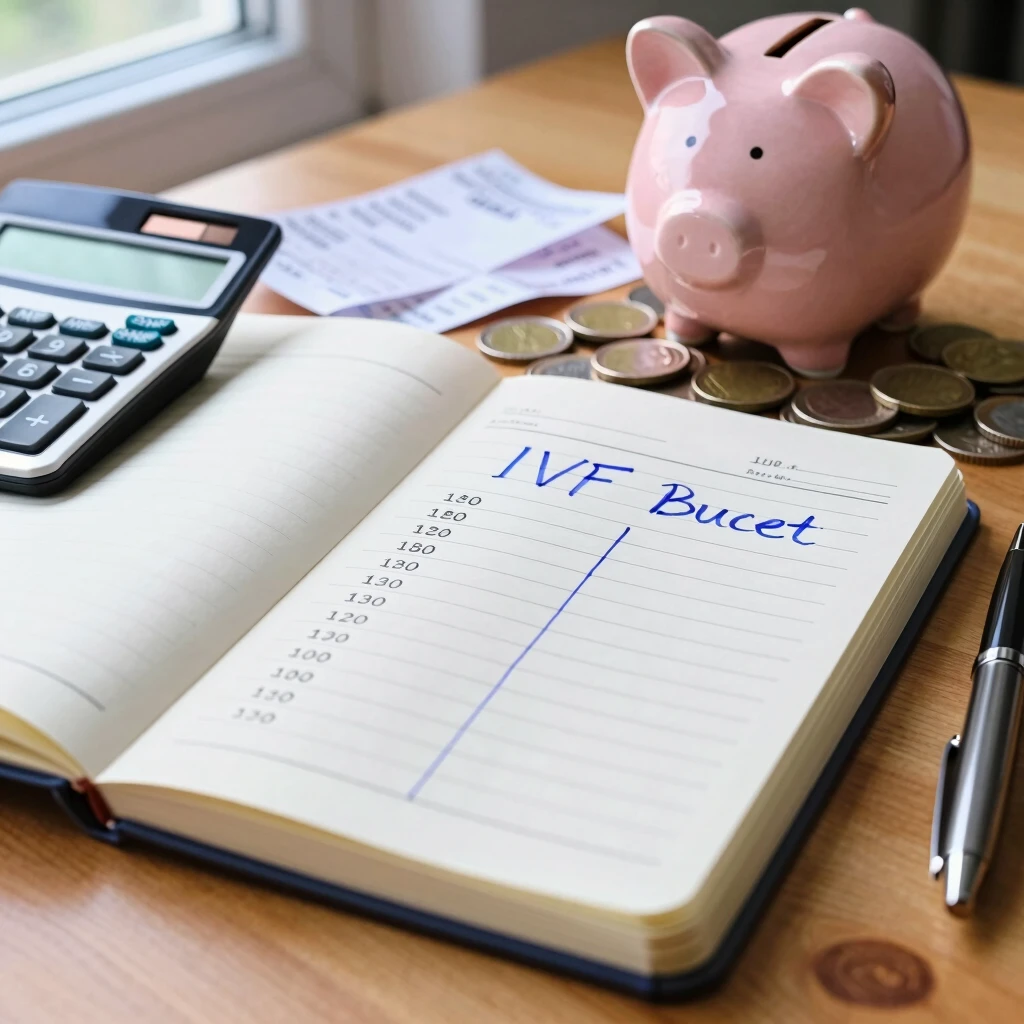 Detailed notebook outlining IVF budgeting, with calculator and savings tools for financial planning
