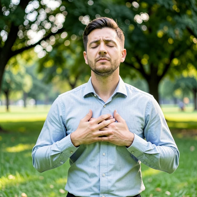 Man doing deep breathing exercises outdoors for stress management