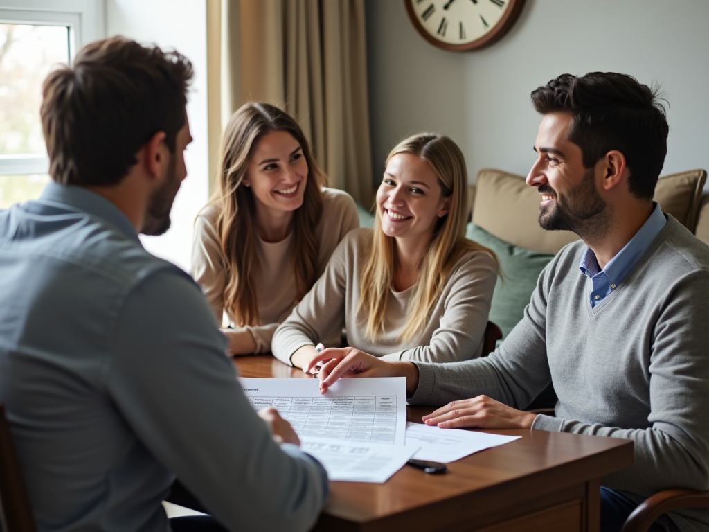 Couple discussing fertility preservation insurance coverage with an agent