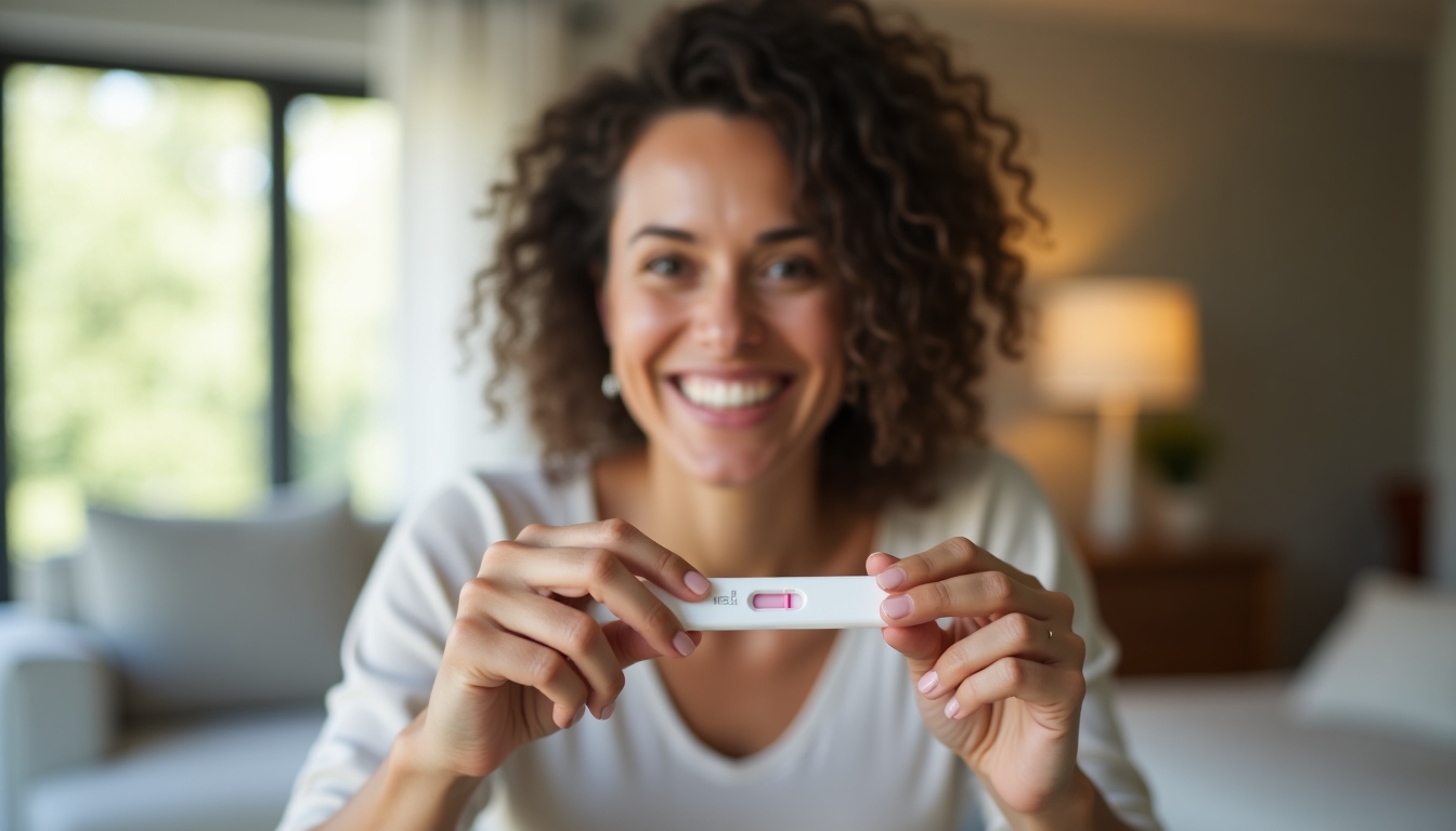 A hopeful woman gazing at a positive pregnancy test at home.