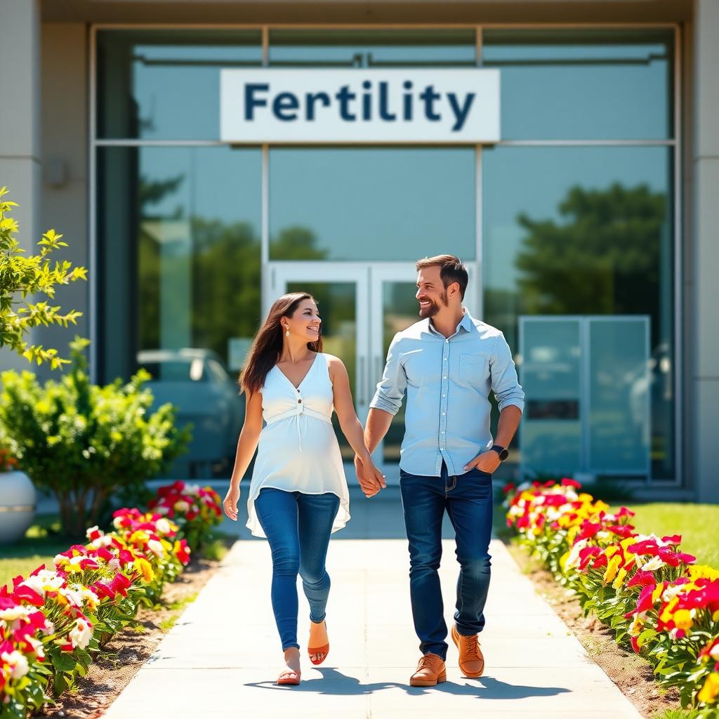 A couple walking outside a fertility clinic on a sunny day, symbolizing hope