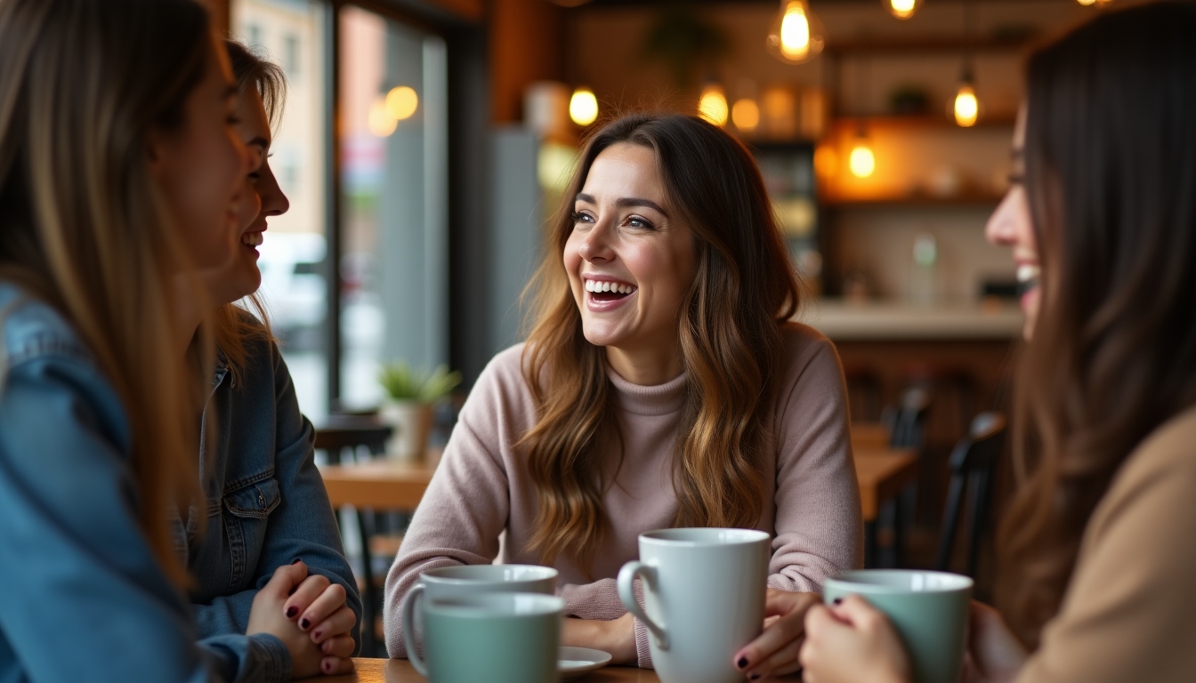 Woman laughing with friends at a coffee shop