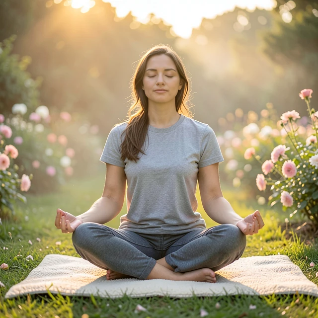 Woman meditating outdoors to reduce stress and support fertility