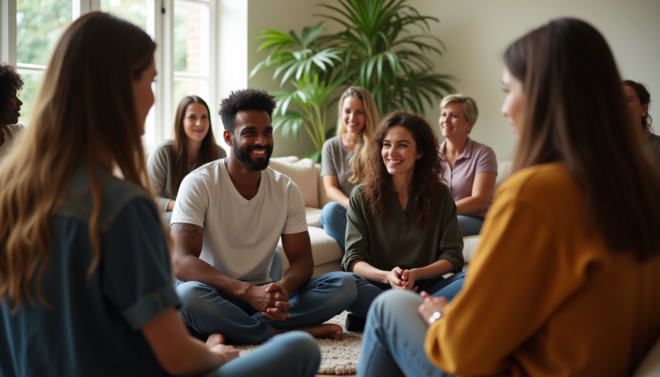 A group of diverse people sitting in a circle, talking and laughing.