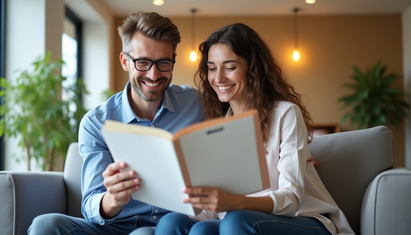 A couple looking at informational brochures together in a modern clinic waiting area.