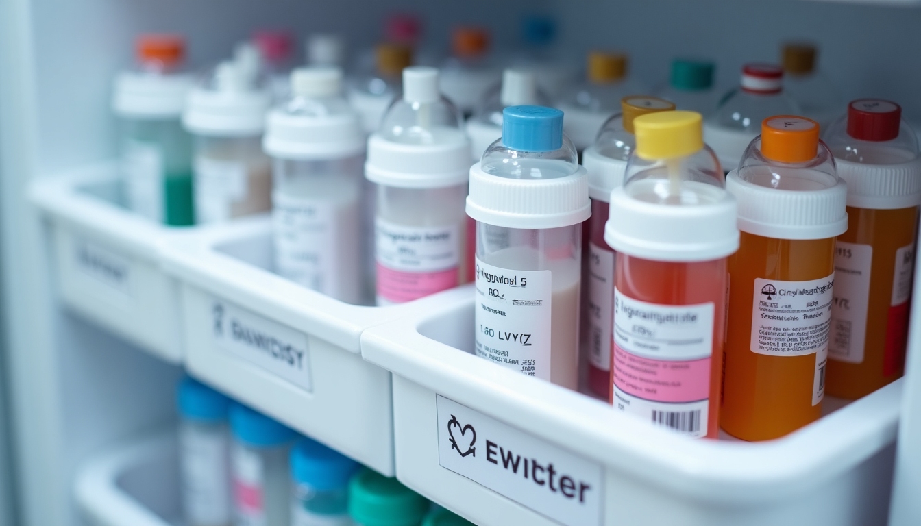IVF medications stored in a refrigerator with labels