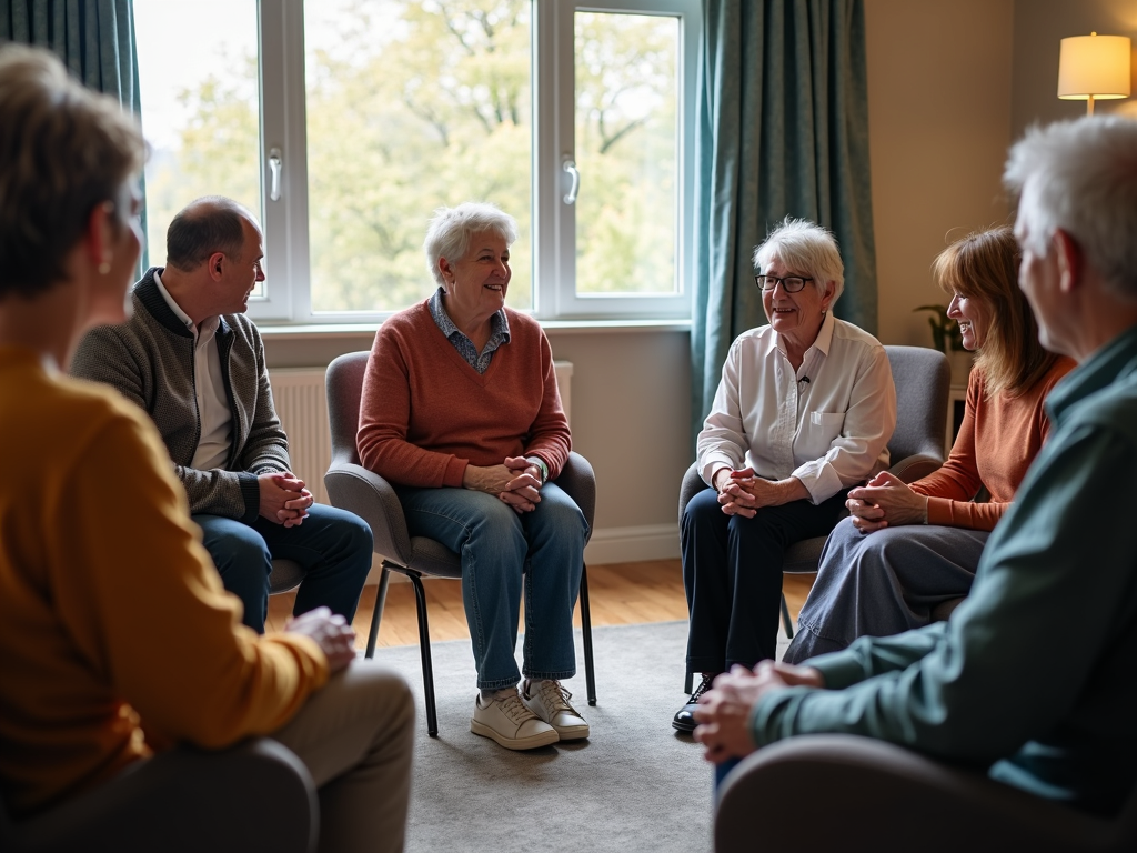 Support group meeting for cancer patients discussing fertility preservation
