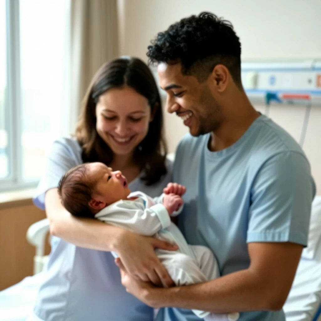 Happy couple with newborn baby after fertility treatment