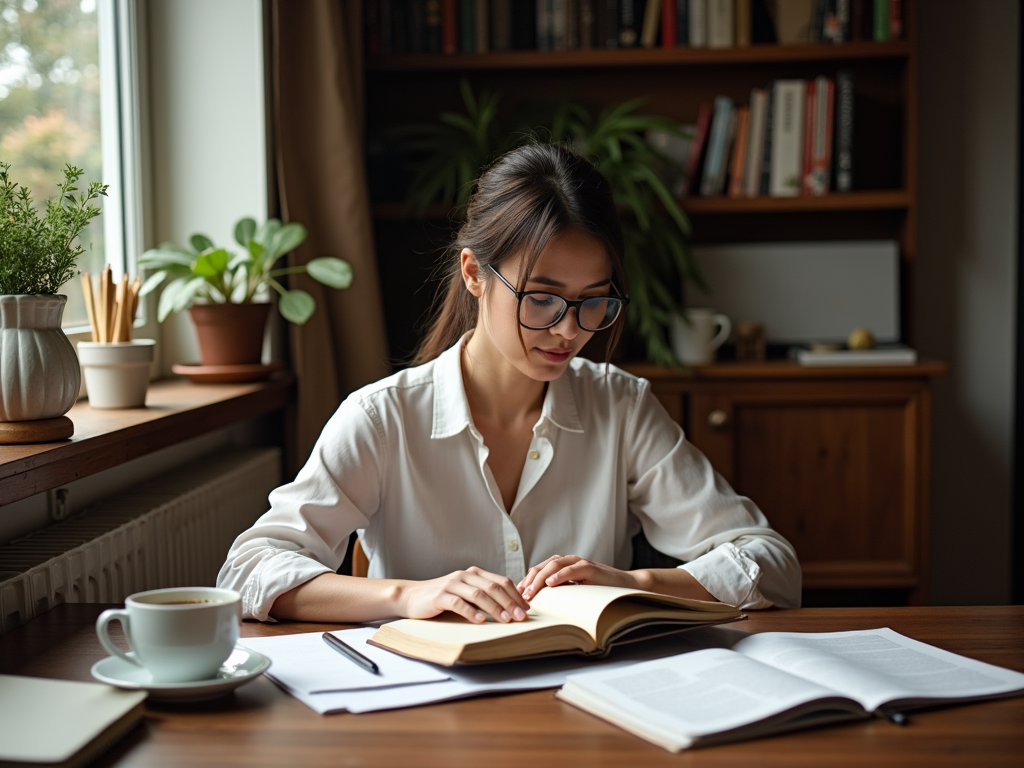 A woman educates herself about infertility while reading at her desk.