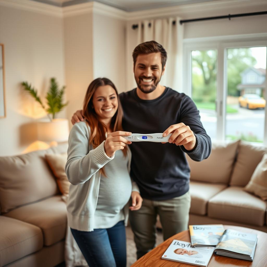 Couple celebrating a positive pregnancy test in their cozy living room