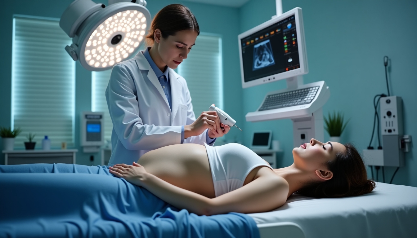 A healthcare professional performing an ultrasound, focusing on the patient's abdomen as a part of diagnosing fertility issues.