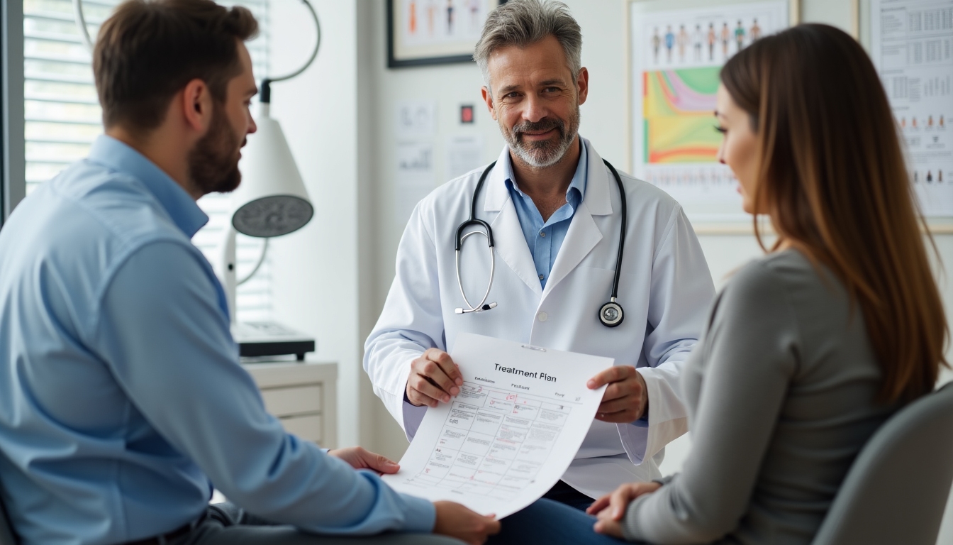 A healthcare professional holding a chart and explaining treatment steps to a couple.