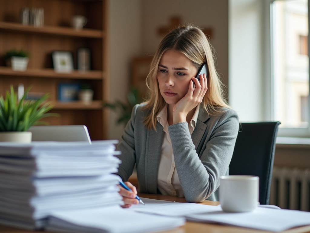 Image of a woman on the phone with her insurance provider, surrounded by medical documents.