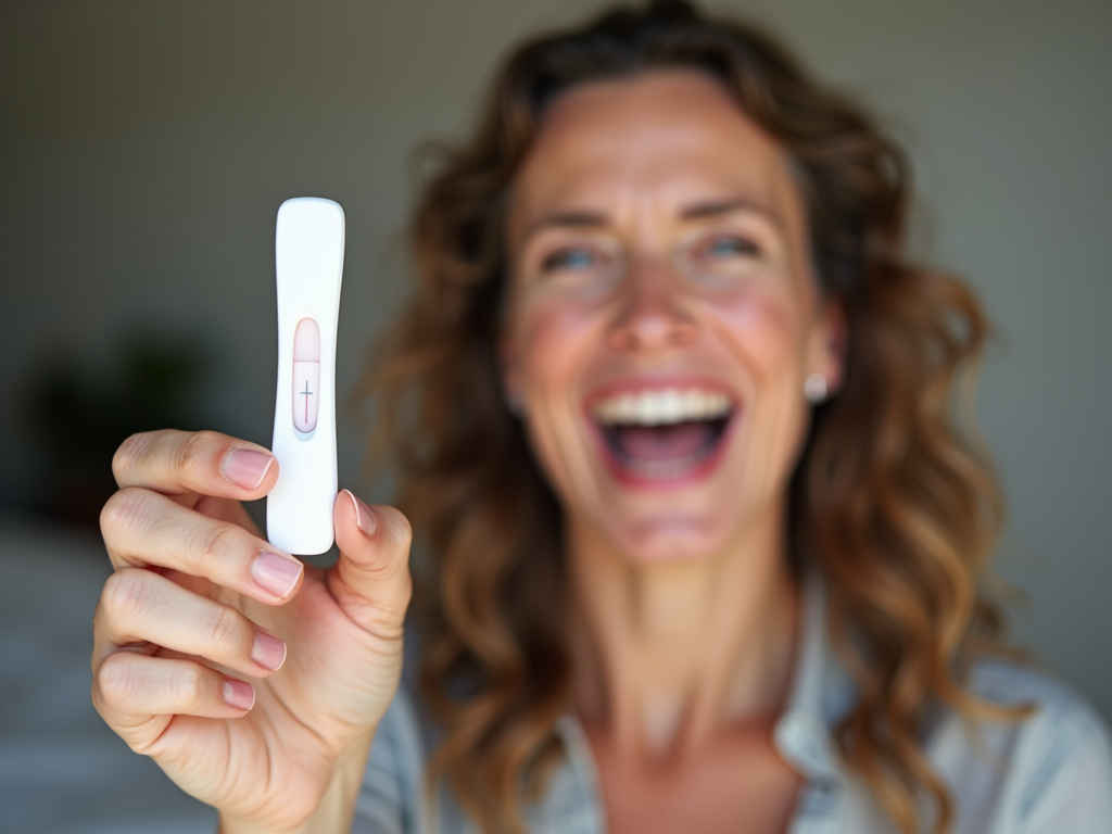 A woman celebrating a positive pregnancy test, symbolizing hope beyond the biological clock.