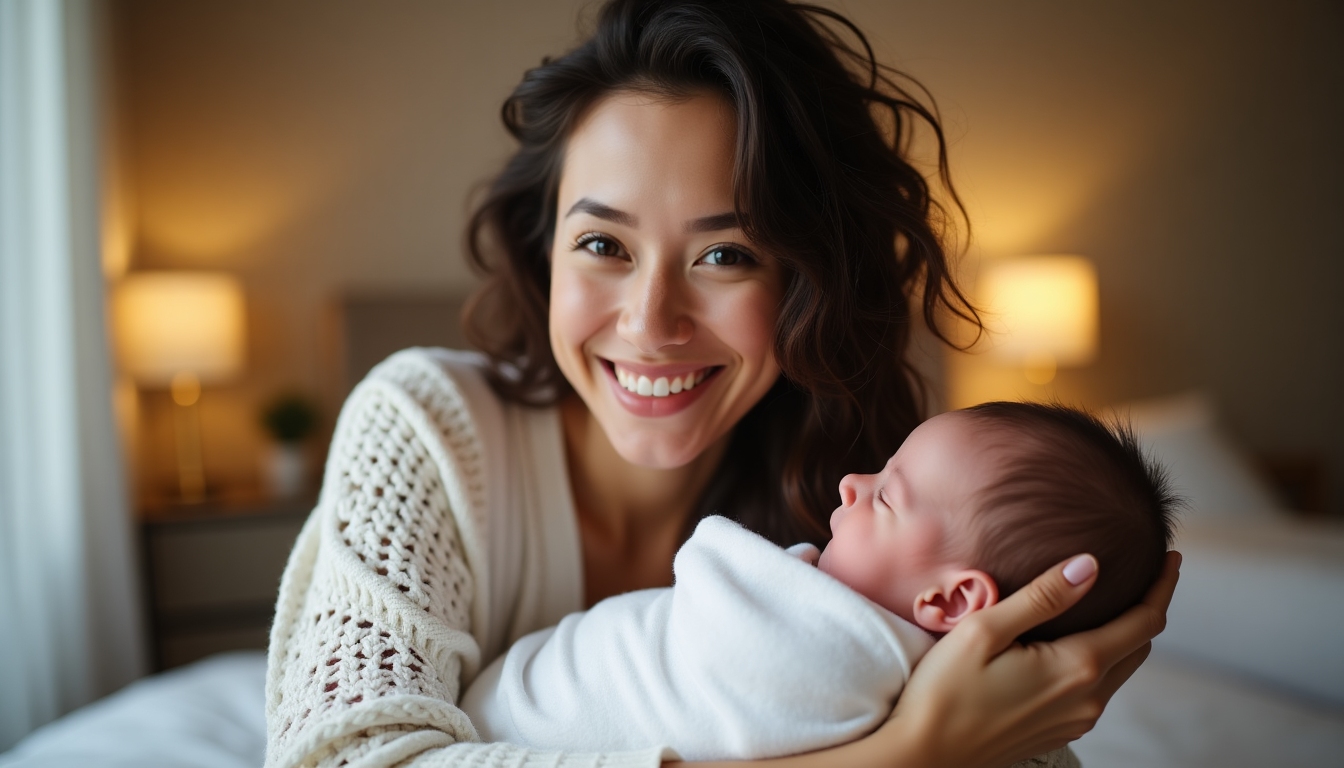 A woman smiling, holding a baby to signify successful fertility preservation
