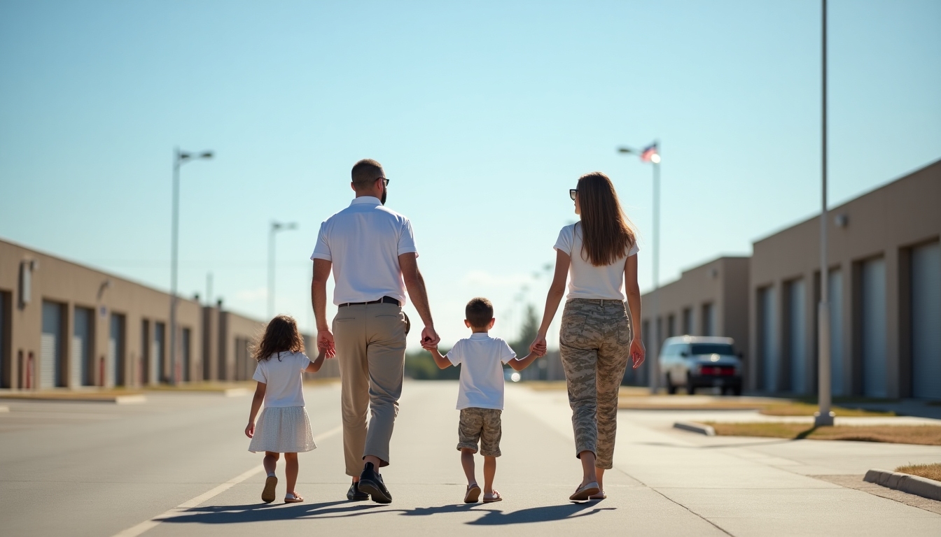 A family walking together on a military base, underscoring the community support available.
