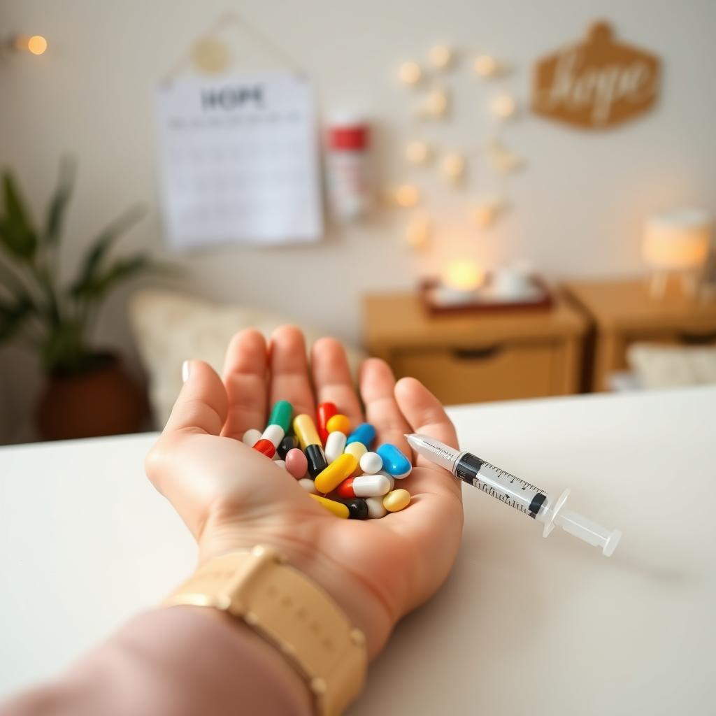Woman’s hands holding fertility pills and a syringe on a white table in a cozy home setting.