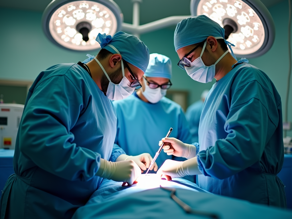 Surgeons performing ovarian tissue removal surgery in an operating room.