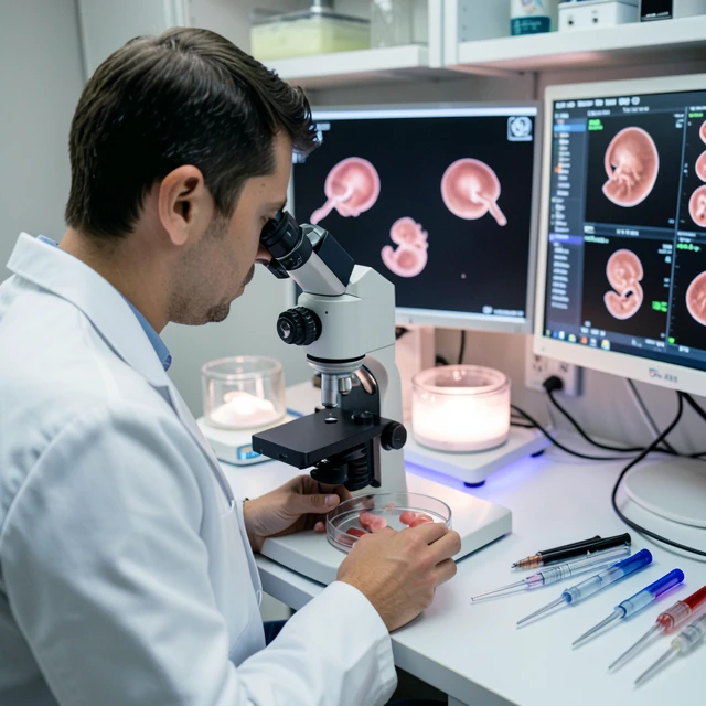 Embryologist examining IVF embryos in lab
