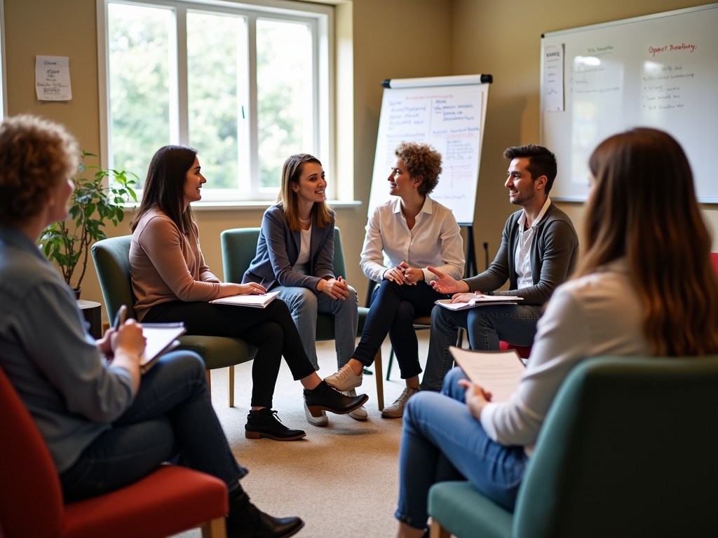 A group of people in a support group discussing financial planning for infertility.