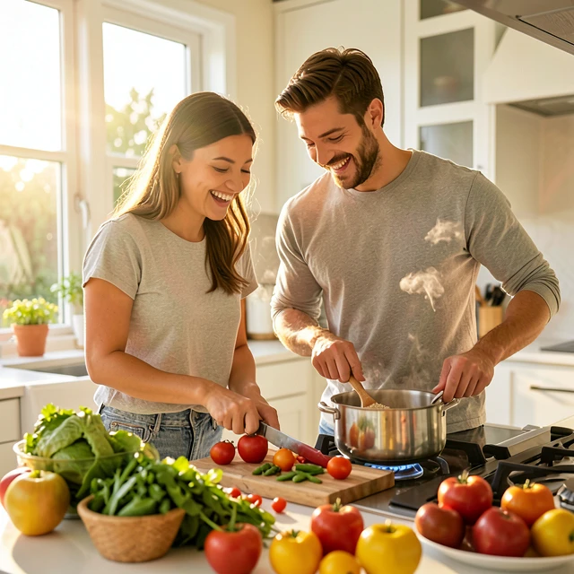 Couple preparing a nutritious meal together as part of lifestyle changes to boost fertility