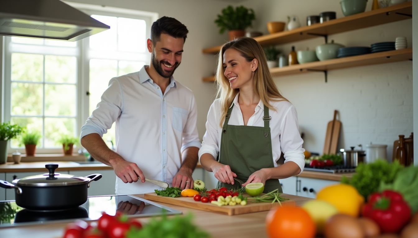 A couple engaged in a healthy lifestyle, cooking in a bright kitchen.