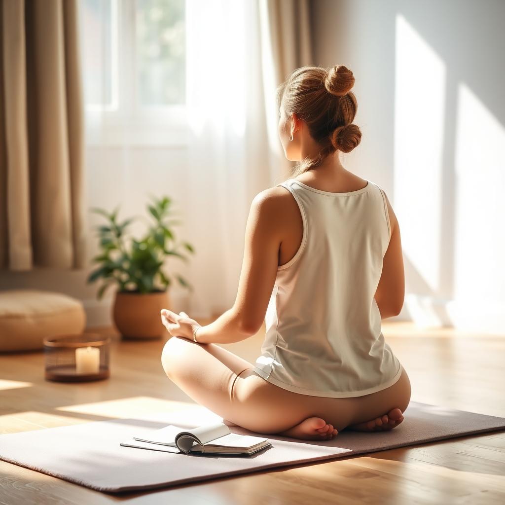 Woman practicing mindfulness in a calm, cozy room with a yoga mat, plant, and candle.