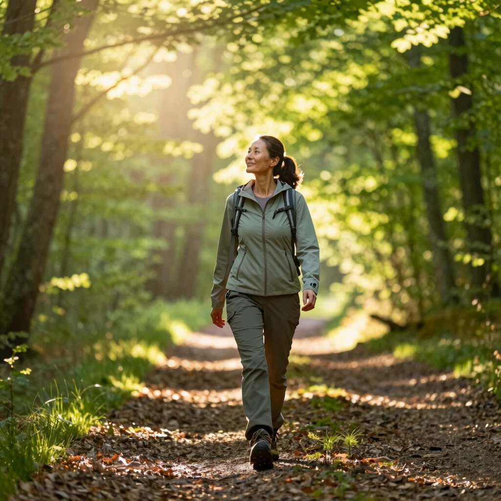 A woman finding peace on a morning walk in the woods
