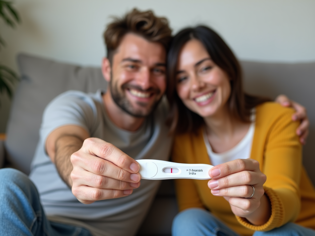 Couple celebrating a positive pregnancy test