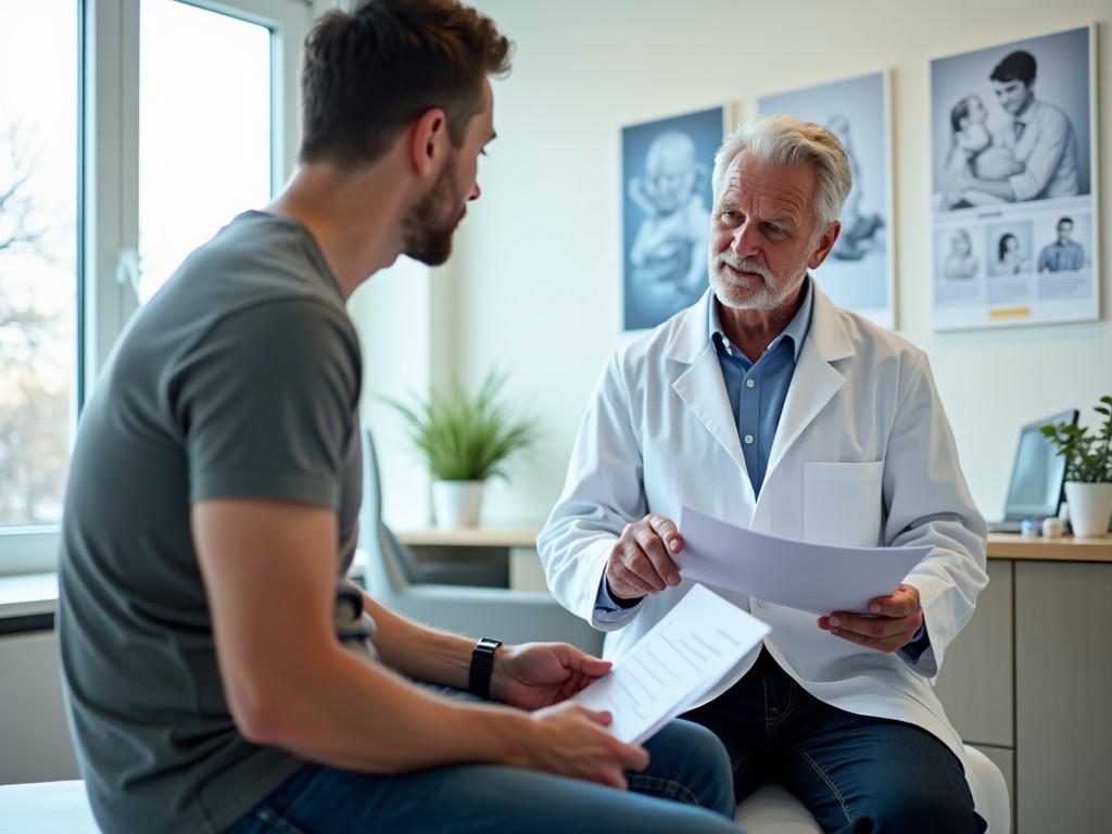 A man consulting with a fertility specialist, discussing male infertility solutions.